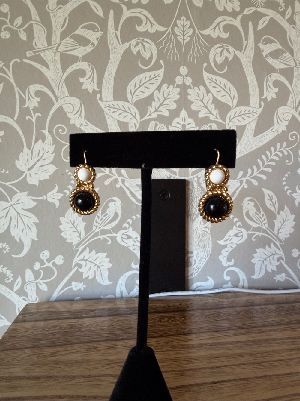 Monet Vintage Gold Tone Earrings White and Black Enamel